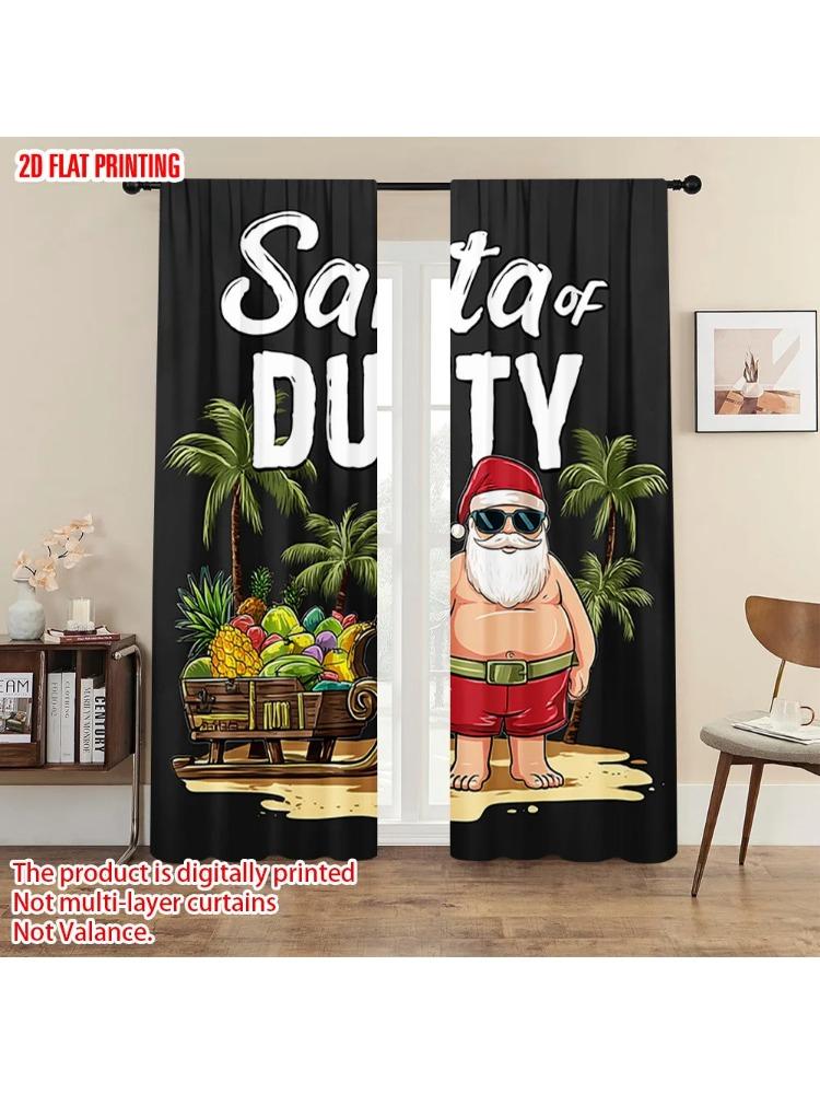 

Plane Printing Popular Curtain Panels Beach Santa Claus Holiday Versatile Polyester Fabric Without Rod Room Made Of W100*H70(CM)-Grommet top&2PCS