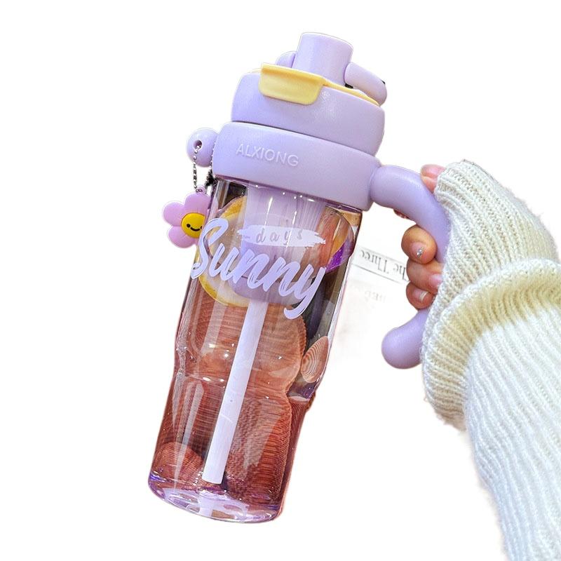 

Big Handle Tea Cup Cute Creative with Handle Easy To Carry Double Drinking Straw Direct Drinking Large Capacity Water Cup 1.2L фиолетовый