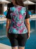 European & American Plus Size Two-Piece Swimsuit for Women - Sun Protection Vest & Printed Briefs with Red Leaves Design