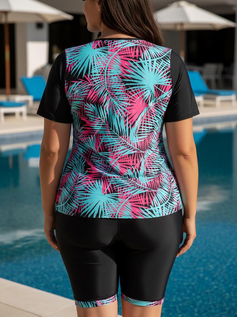European & American Plus Size Two-Piece Swimsuit for Women - Sun Protection Vest & Printed Briefs with Red Leaves Design