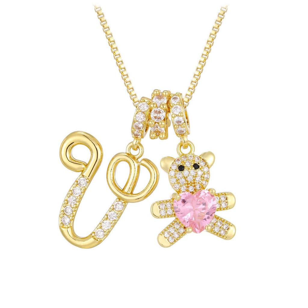 Luxurious Teddy Bear Pendant Necklace with Diamond Inlaid 26 English Letters Charm - European and American Fashion Style