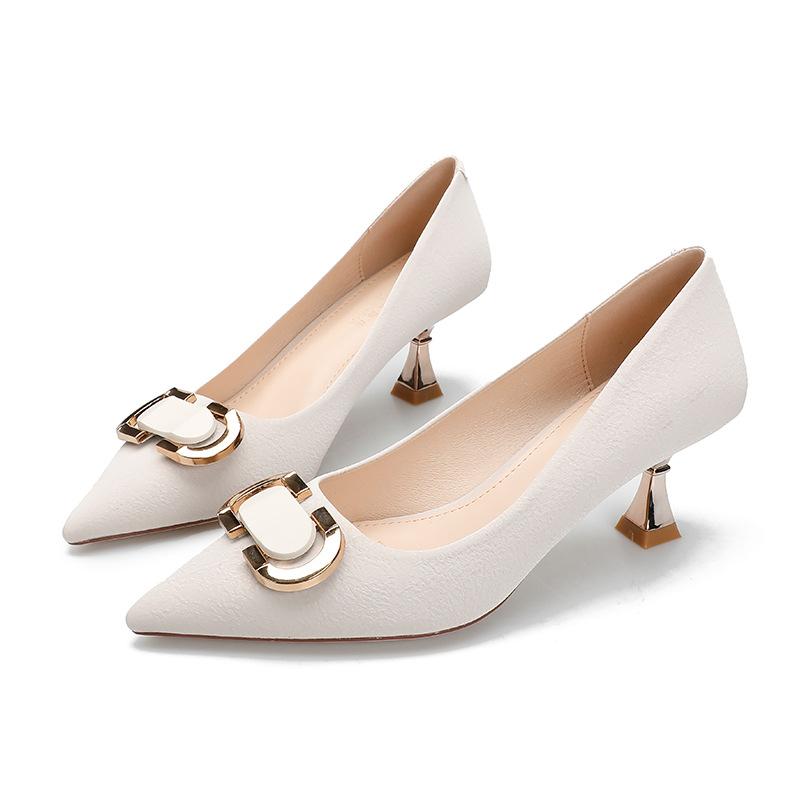 French soft leather temperament high heels Korean version metal buckle shallow mouth single shoes women's professional OL pointed thin heel women's