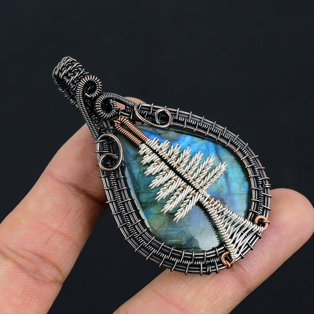 Tree Of Life Labradorite Pendant, Handmade Gemstone 999 Copper Wire Wrapped Pendant Antique Jewelry, For Gift Silver Jewelry