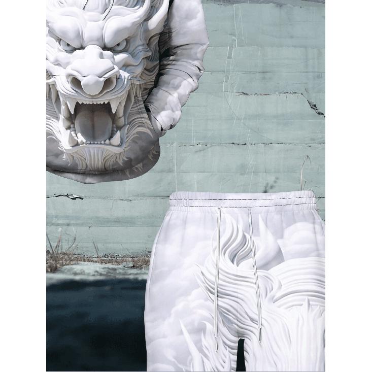 Embossed White Dragon 3D Printed Hoodie Set, Chinese Style Digital Printed Casual Sports 2pcs Set, Loose Unisex Style
