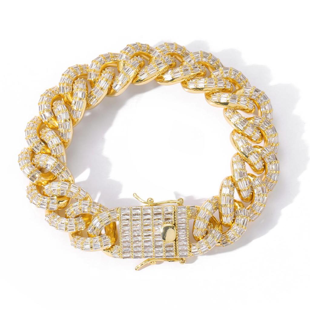 Hip Hop Rap Jewelry 16mm Iced Out Baguette CZ Miami Cuban Link Chain Gold Plated Bracelet for Men