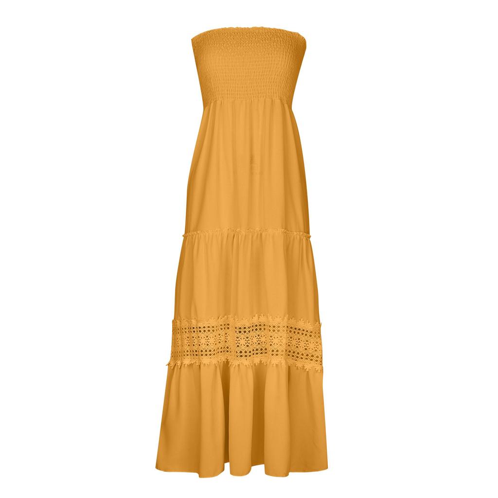 IHUASU Dames Lange Mouwloze Vintage Boho Getailleerde Jurk in Effen Kleur met Strapless Gestikte Zoom