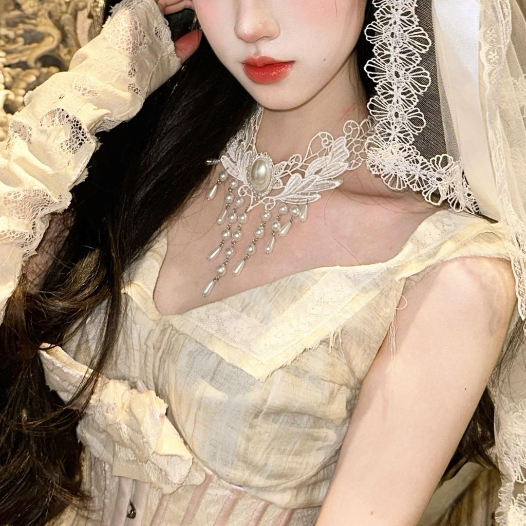 Pure Desire Wind White Lace Flower Tassel Necklace Vintage Court Wind Pearl Neck Strap Sweet Lolita Collarbone Chain