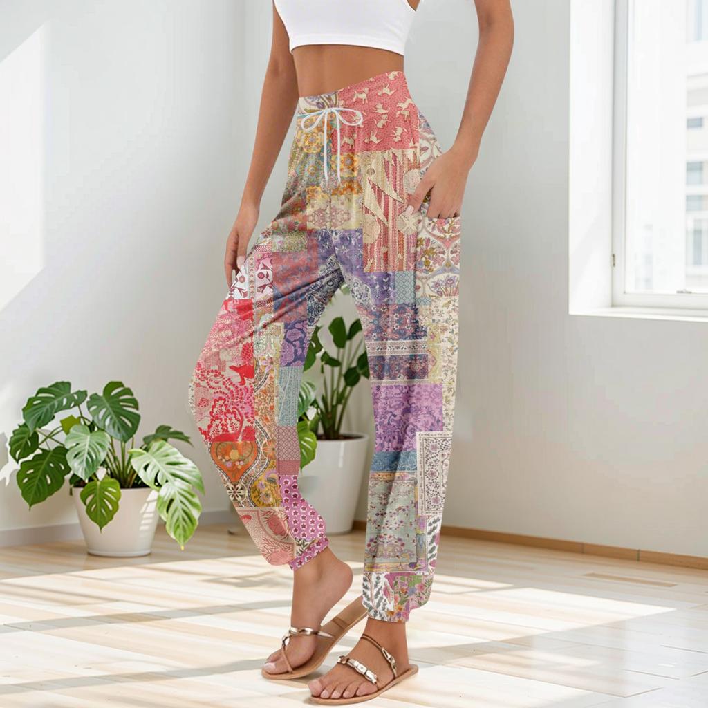 Women's Pocket Drawstring Trousers High Waist Yoga Bohemian Printed Casual Pants