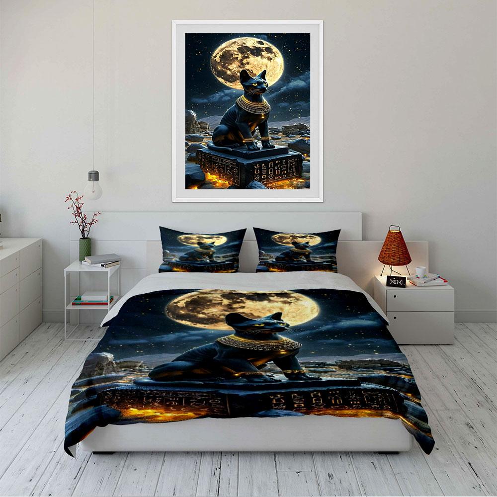 Egyptian Cat Statue Under Moon Bedding Duvet Cover Set (1*Duvet Cover 2*Pillowcases, without duvet insert)