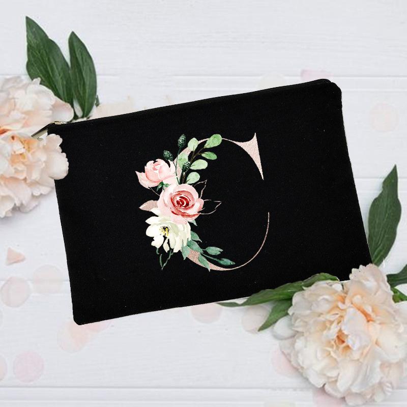 Borsa per il trucco floreale con alfabeto, damigella d'onore, damigella d'onore, festa, matrimonio, addio al nubilato, regalo, in tela, con cerniera, per cosmetici