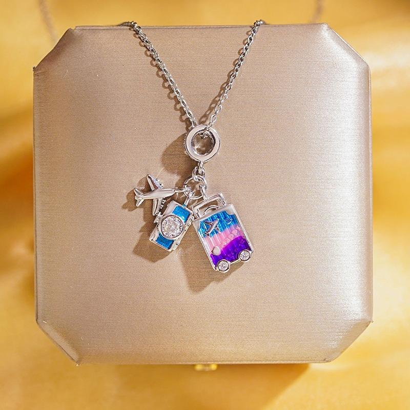 Womens Light Luxury Rainbow Drip Oil Airplane Travel Pendant Clavicle Necklace
