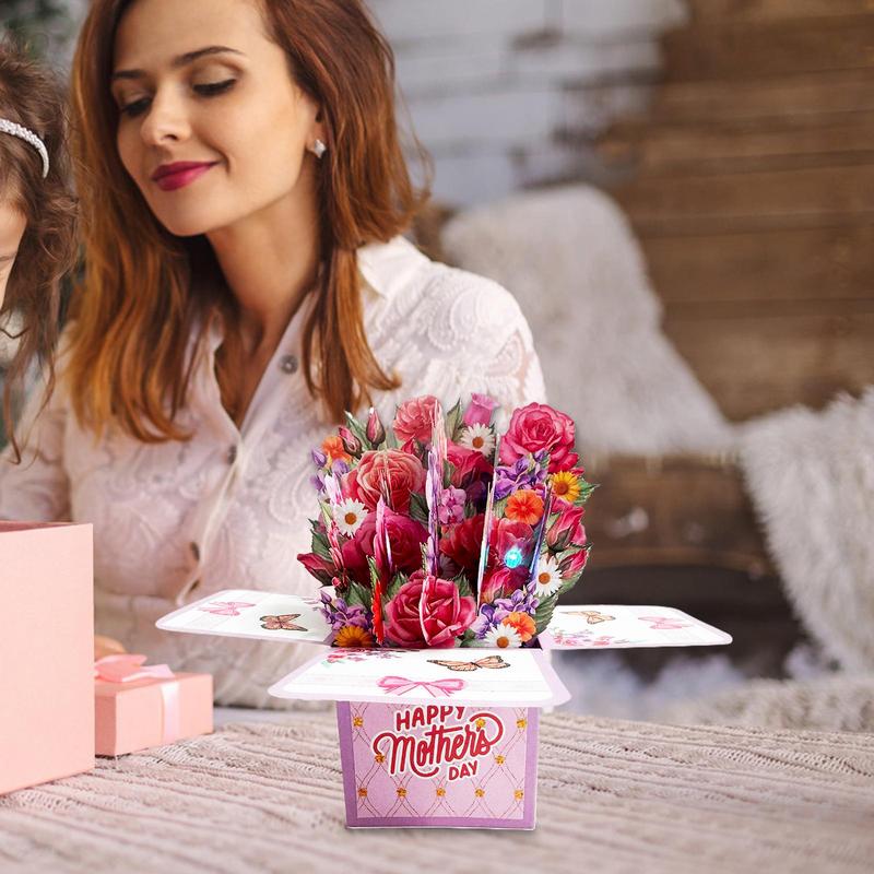 Flower Bouquet Birthday Cards 3D Greeting Pop Up Mothers Day Flower Cards Thank You Paper With Lights And Music Blank Note Card