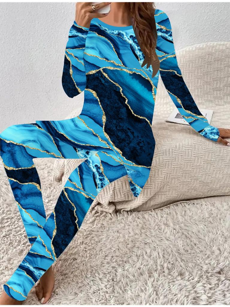 Euro-American Fashion 3D Marbling Printed Women's  Four-season Long-sleeved T-shirt + Long Pants Two-piece Set. Perfect Gift for New Year