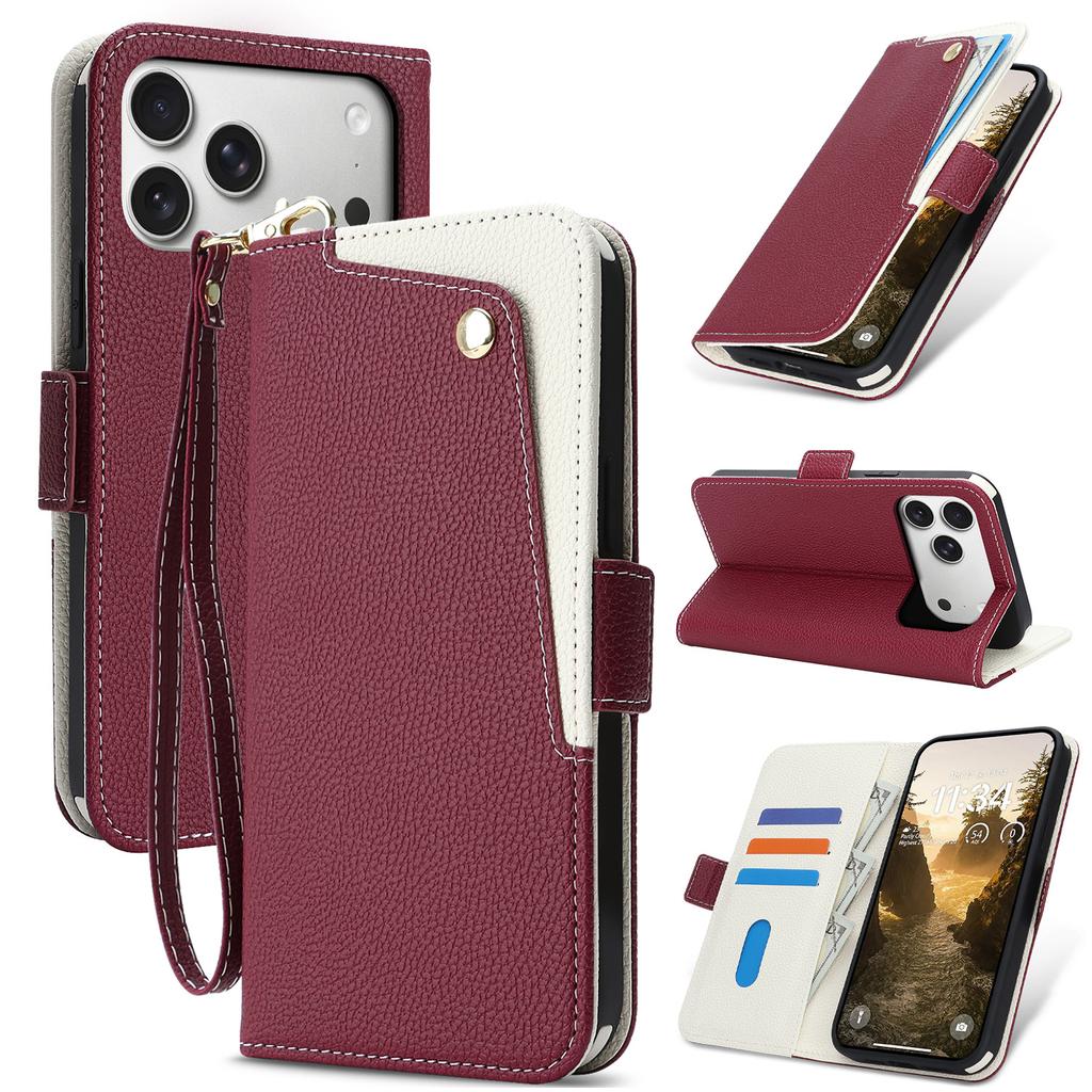 Cartera de Cuero con Tapa Color Block Ranura para Tarjetas Estuche para iPhone 17 Pro Max 16 15 14 Soporte Resistente a Golpes con Correa de Muñeca Funda de Bolso