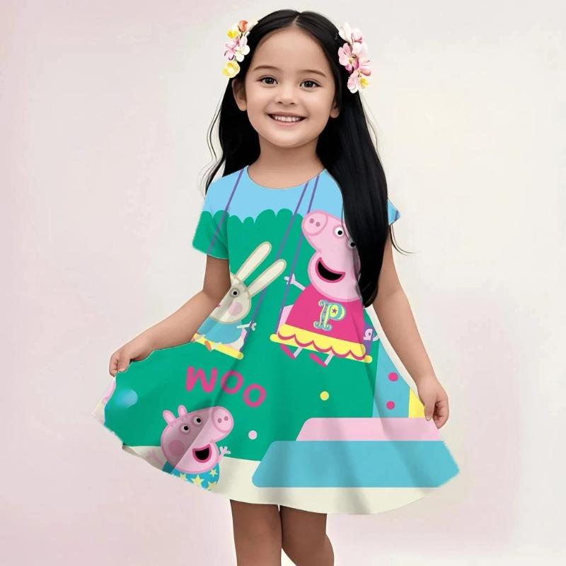 Girls Summer Fashion Sundress Peppa Pig Cute Cartoon Print Casual Beach Dress Soft Breathable Lightweight Kids Dress