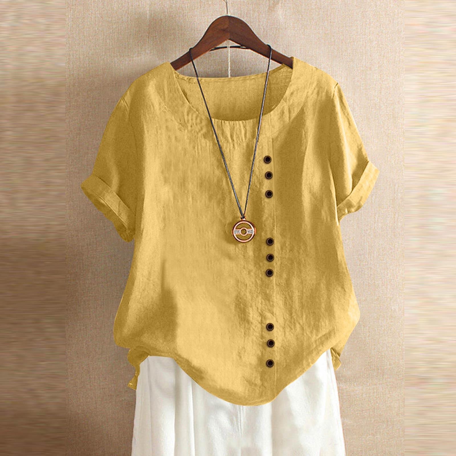 

Женская модная повседневная однотонная футболка с круглым вырезом и коротким рукавом из хлопка и льна XL жёлтый