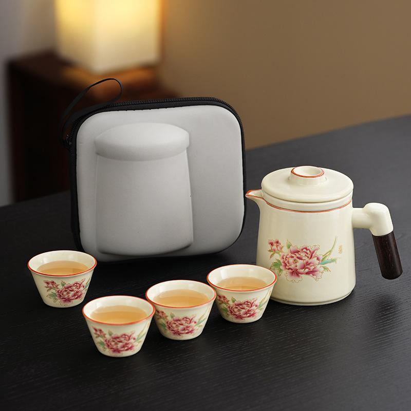 Retro Ru Kiln Travel Kung Fu Tea Set Wisteria Flower Set Outdoor Camping Tea Pot