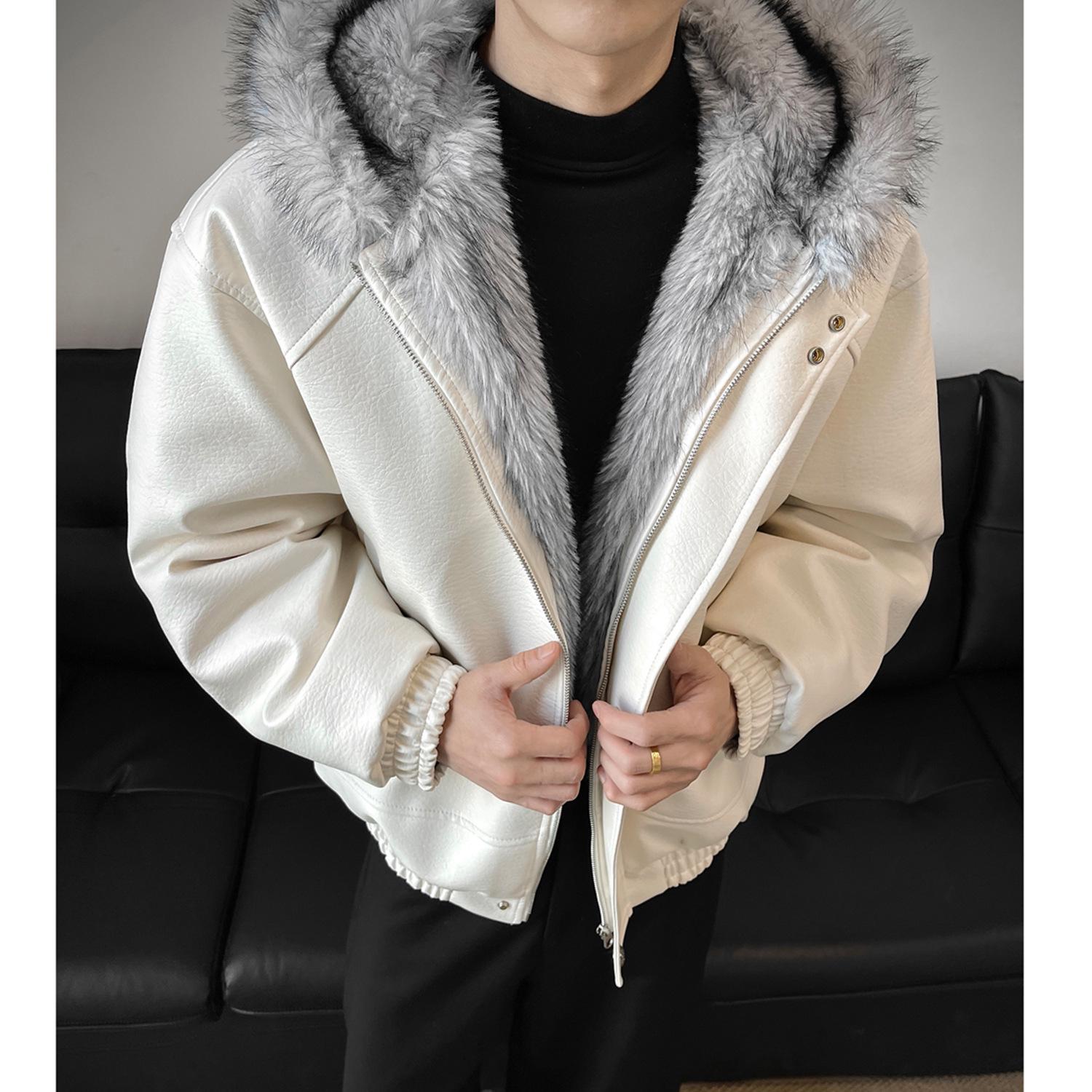

Men s Winter Fur-Collar Hooded Cotton Jacket, Leather-Style Warm Outerwear 2XL (150-180 kg) білий