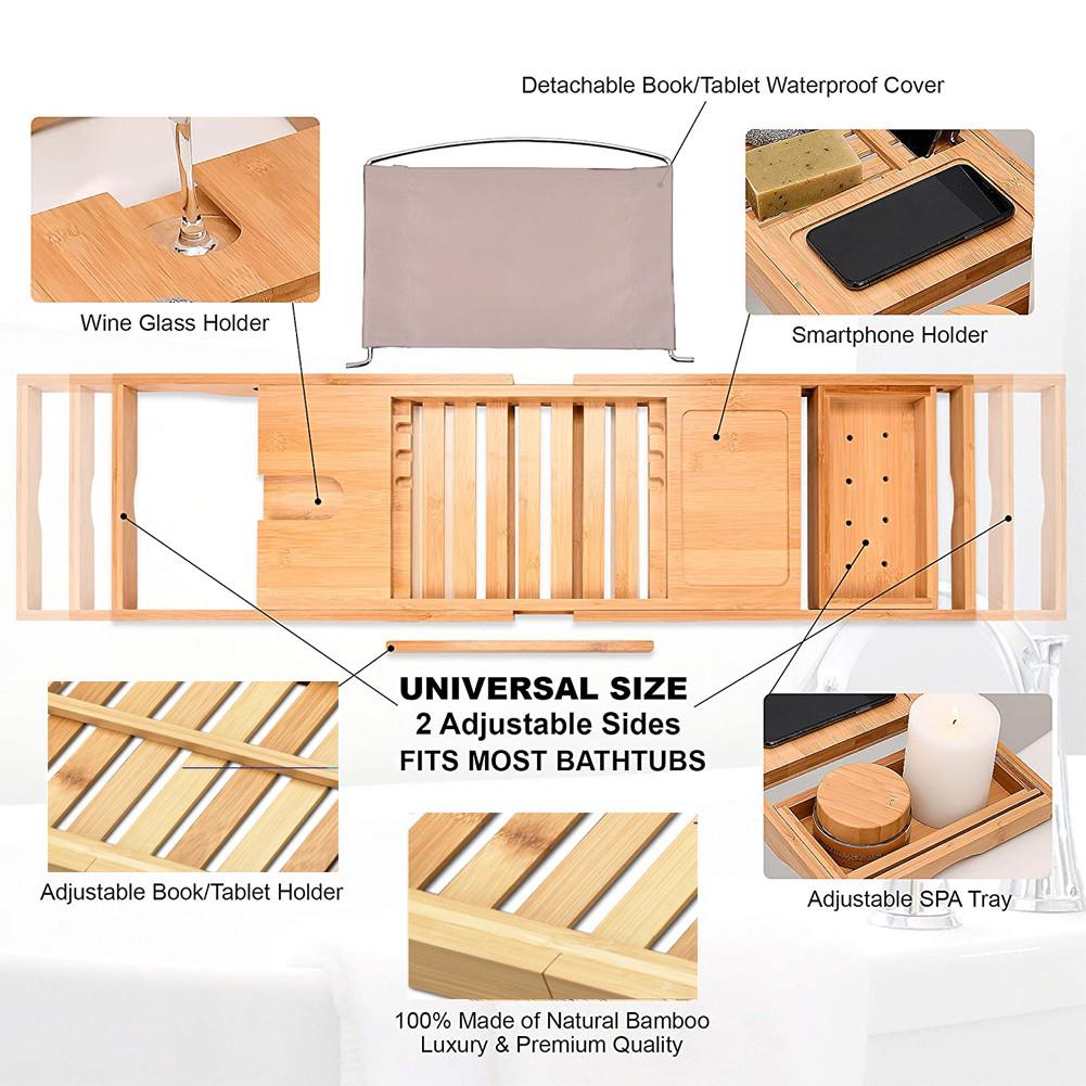 70cm Spa-Badewanne Bambus-Holz-Badewannen-Caddy Organizer Buch Wein Tablet-Halter Lese-Ständer Ausziehbarer Tablett Anti-Rutsch-Bade-Tablett