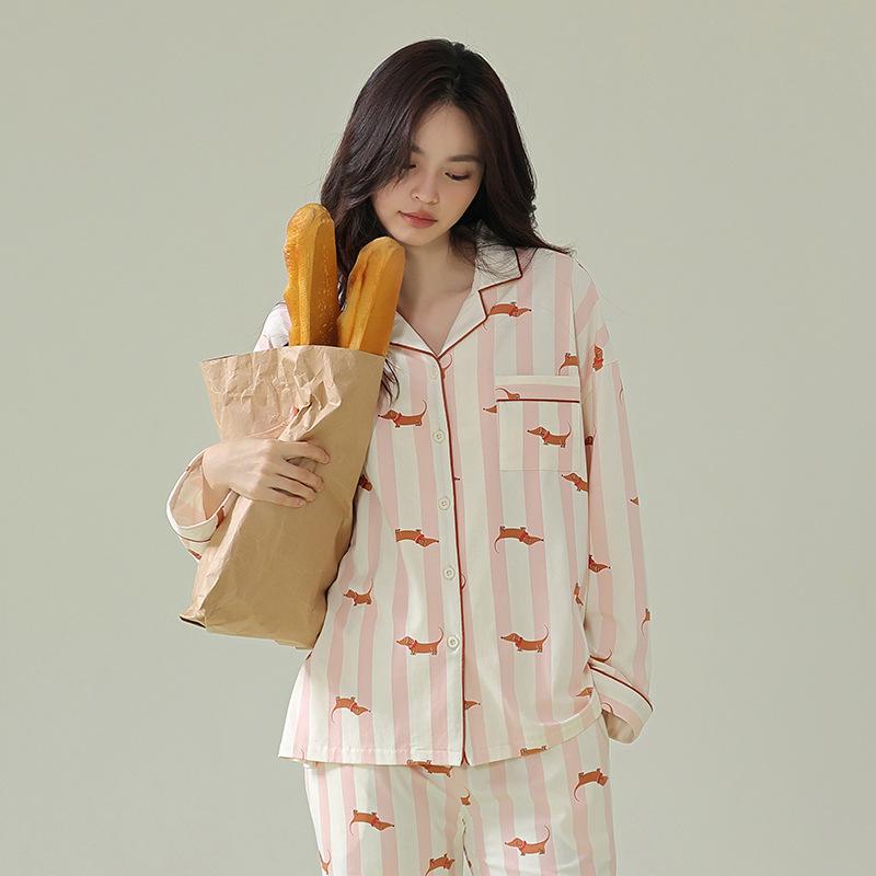 Autumn/Winter Antibacterial Pure Cotton Long-Sleeve Dachshund Pajamas Set for Couples