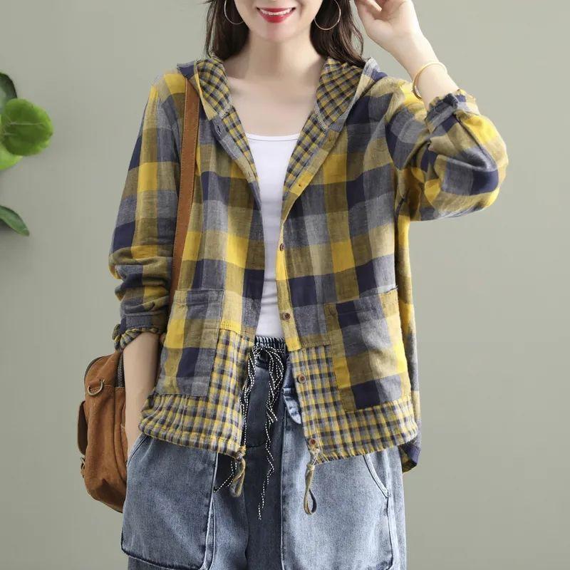 Artistic Retro Checkered Long Sleeved Shirt for Women Spring Autumn Drawstring Tied Casual Short Cardigan Jacket