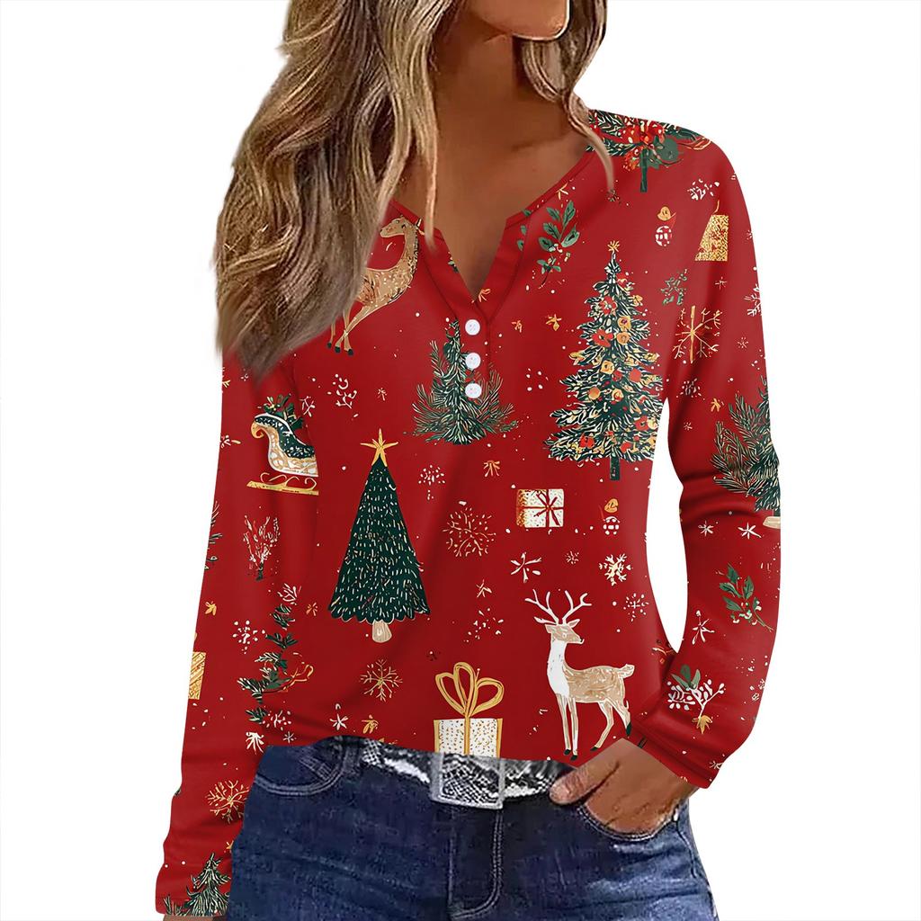 Camiseta de Mujer Estampado Navideño Botón Manga Larga Diario Fin de Semana Moda Básica Cuello en V Regular Top