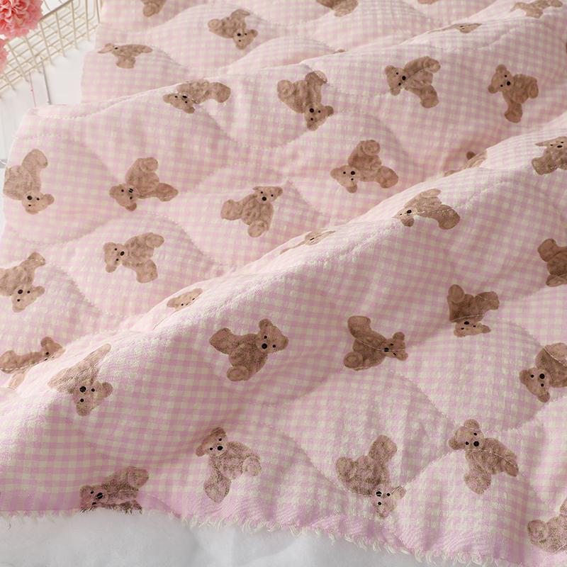 Light Yellow Pink Plaid Quilted Bear Print Cotton Vest Jacket