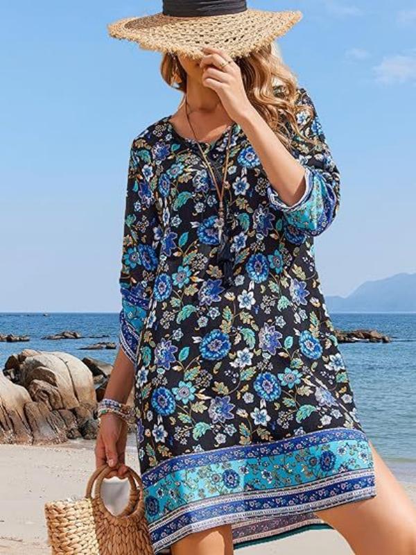 2025 cross-border women s leisure seaside vacation summer fringed round neck seven-quarter sleeve printed dress S синий