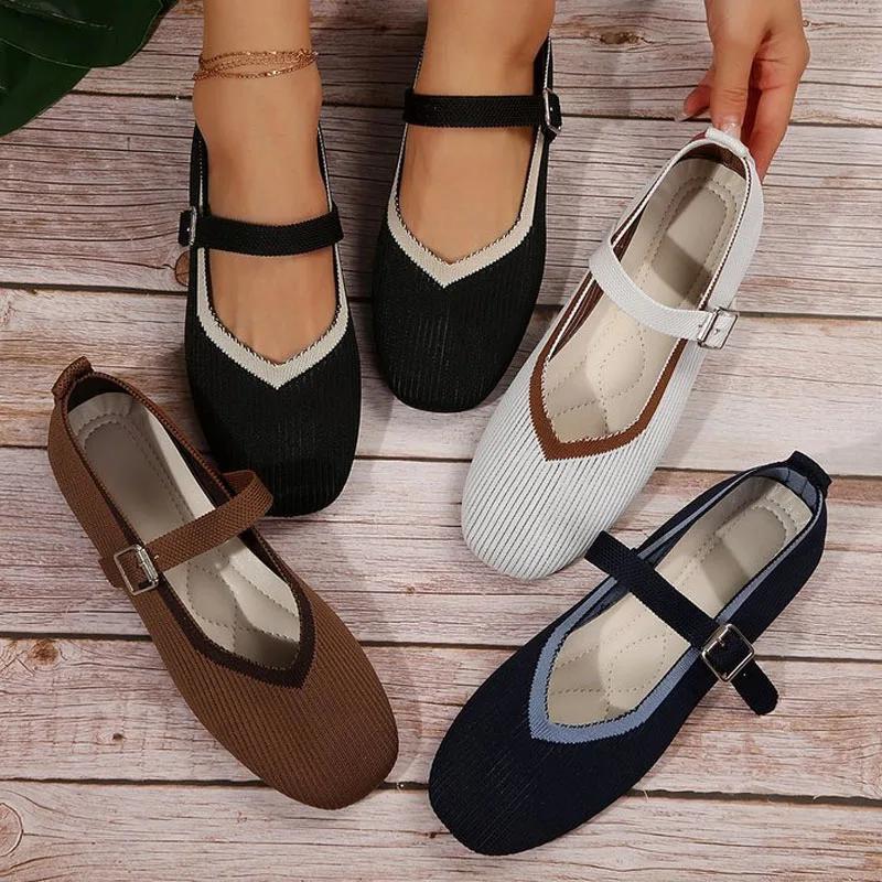 Seasons Women's Shoes Elegant Ballet Flats Fashion Pumps Buckle Strap Mary Jane Shoes Knitted Fabric Casual Shoes Ladies Loafers