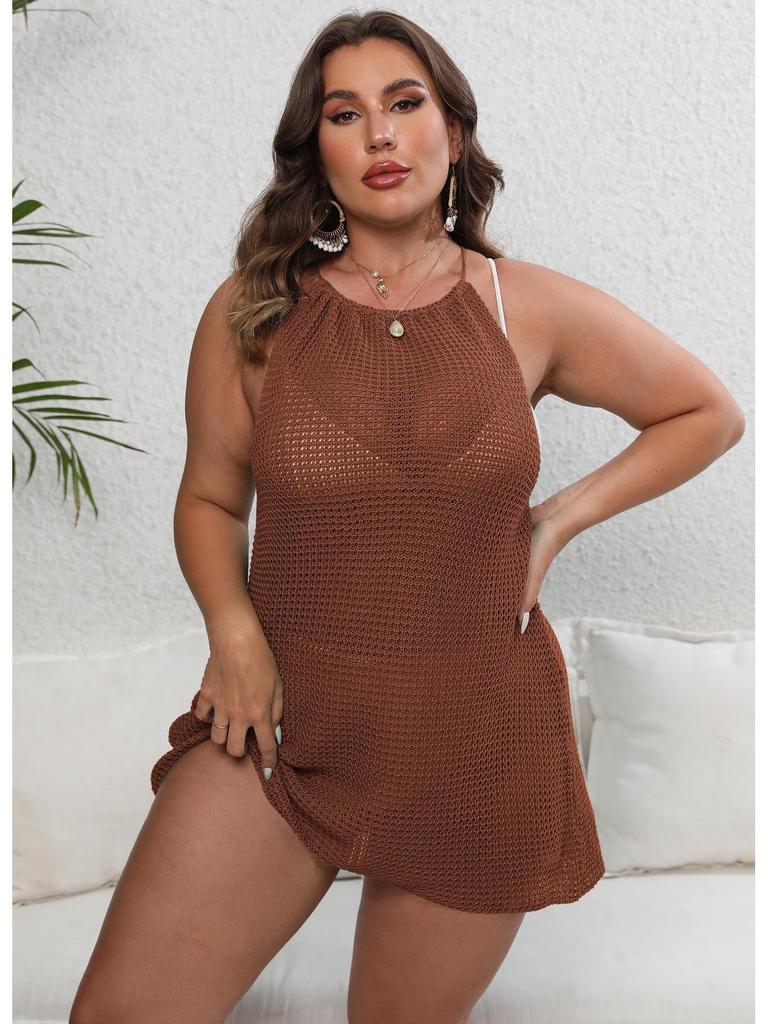 Plus Size Women's Knitted Tie-Up Backless Beach Cover-Up Dress F865