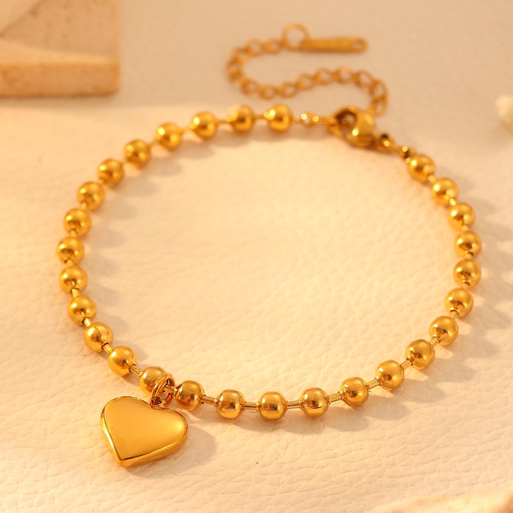 Elegant Heart-Shaped Beaded Jewelry Set - 18k Gold-Plated Titanium Steel, Trendy, Lightweight, Color-Preserving.
