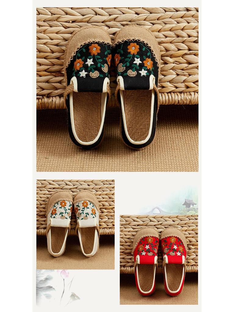 2025 Spring Women's Ethnic Style Linen Embroidered Low-Top Flats