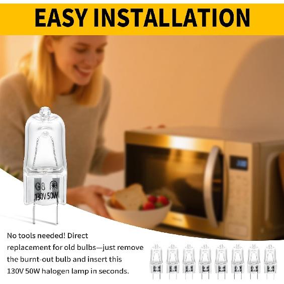 8-Pack 130V 50W Halogen Microwave Oven Light Bulbs, Compatible with GE Microwave Oven Models CVM, DVM, HVM, JNM Series - Replaces WB02X35488,
