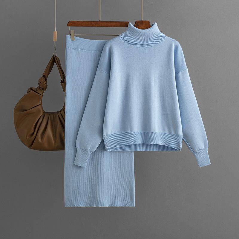 Knitted Set Women's Autumn And Winter Solid Color High Neck Sweater Half Skirt Two Piece Set