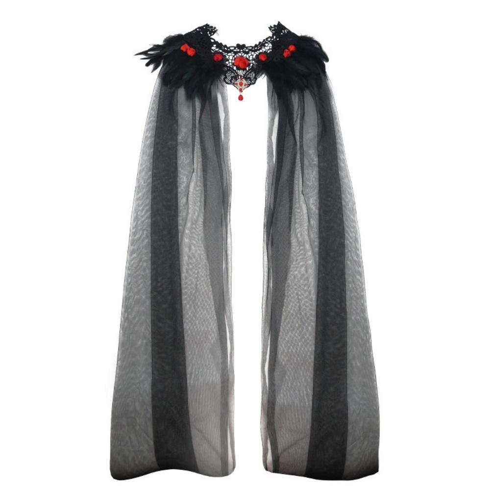

Black Feather Shoulder Veil Elegant Halloween Witch Cloak Lace Mesh Shawl Cloak Charming Red Rose Feather Cape For Everyday Wear