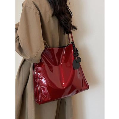 Red Patent Leather Glossy Work Commuter Bag Female Large Capacity Summer College Student Class Armpit Bag Tote Bag