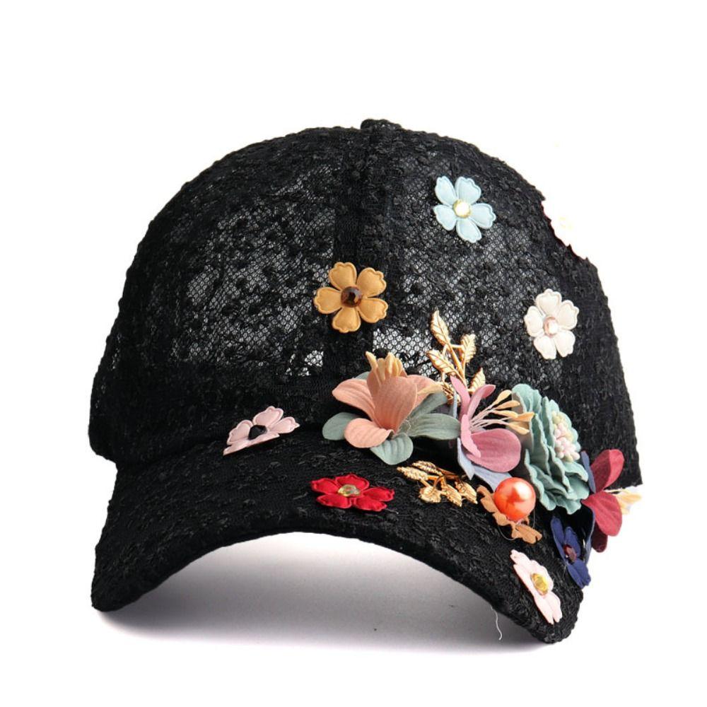 Breathable Mesh Baseball Hat Flower Decor Outdoor Sun Hat Floral Lace Baseball Cap  For Women Girls