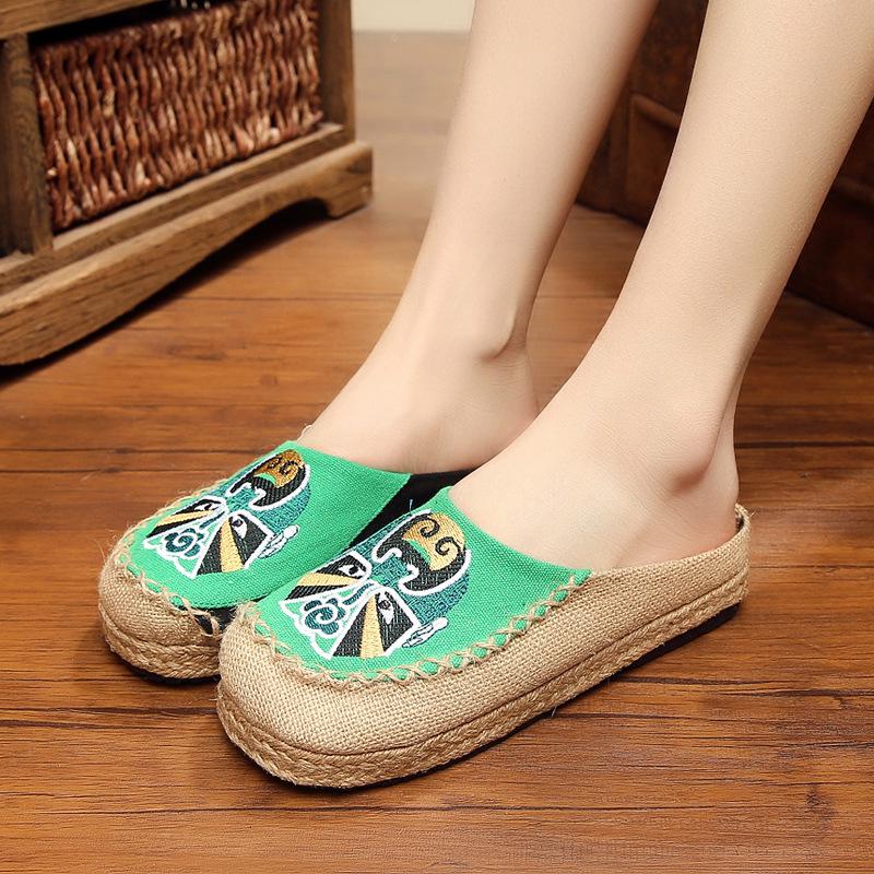 Taigu Mi Ma Peking Opera Face Embroidered Espadrilles: Handmade Cloth Shoes, Linen, Mori Girl Style.