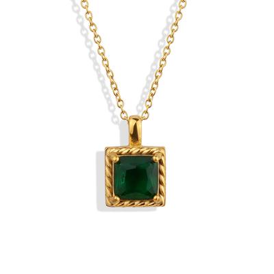 French Retro Simple Temperament Emerald Zircon Pendant Gold Titanium Steel Necklace