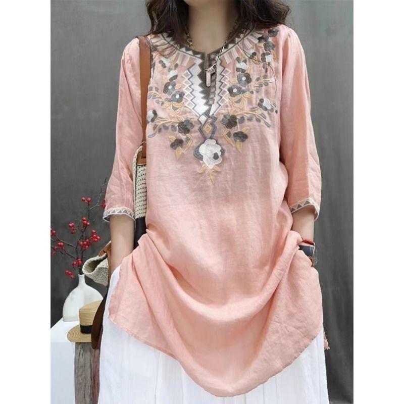 Summer Heavy Industry Women's Vintage Embroidered Medium-length Loose Cotton and Linen Stylish Casual Pullover Top
