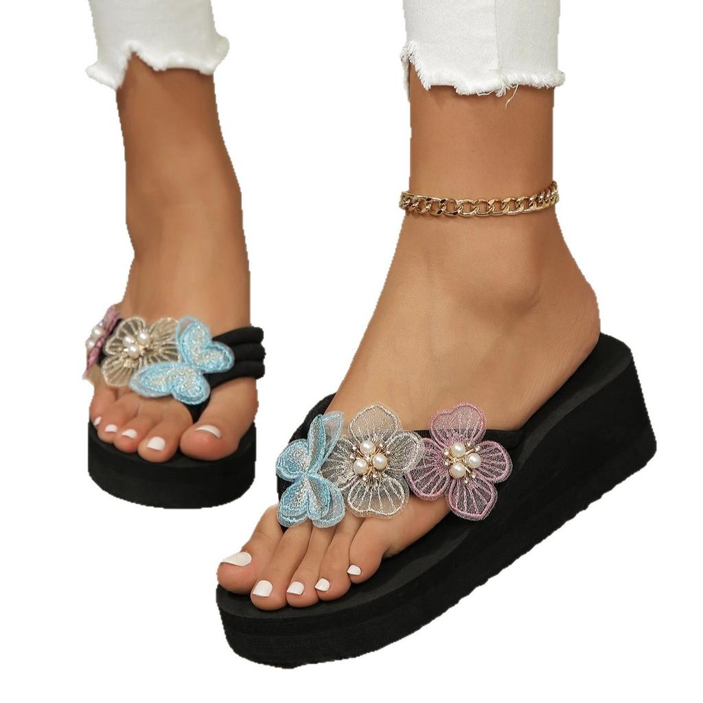 New butterfly flip-flops women's thick bottom slope heel with pearl flower large size beach cool slippers