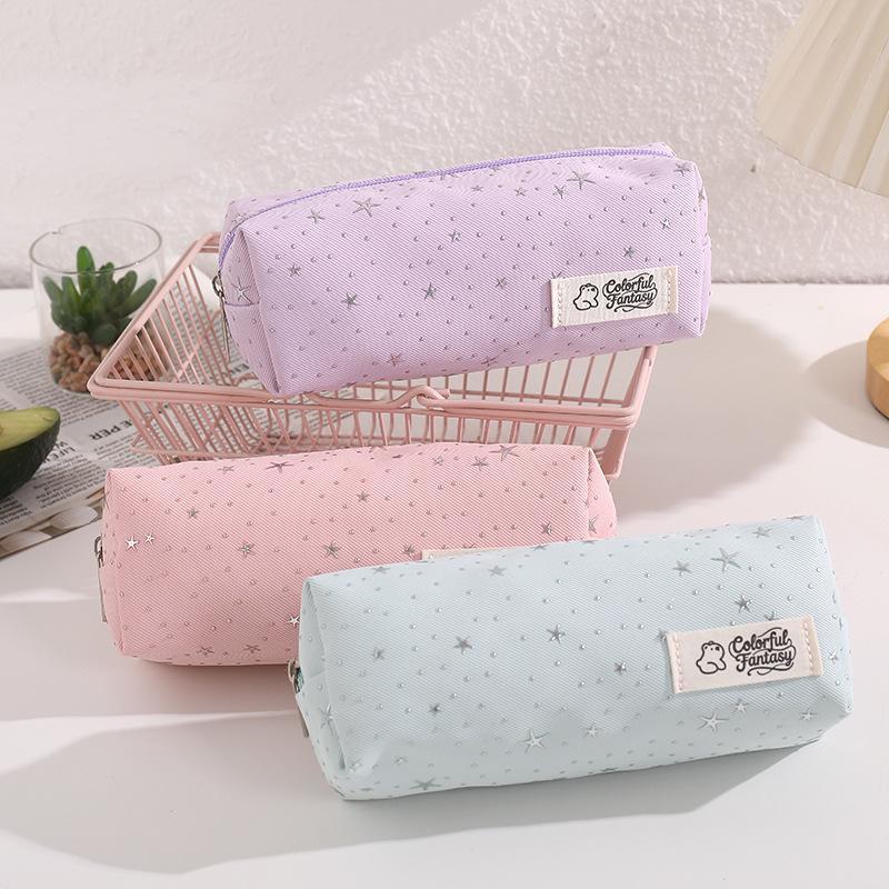 Star Dot Print Canvas Pencil Case Large Capacity Ins Aesthetic Portable Zipper Stationery Bag for Teen Girls Boys School Use