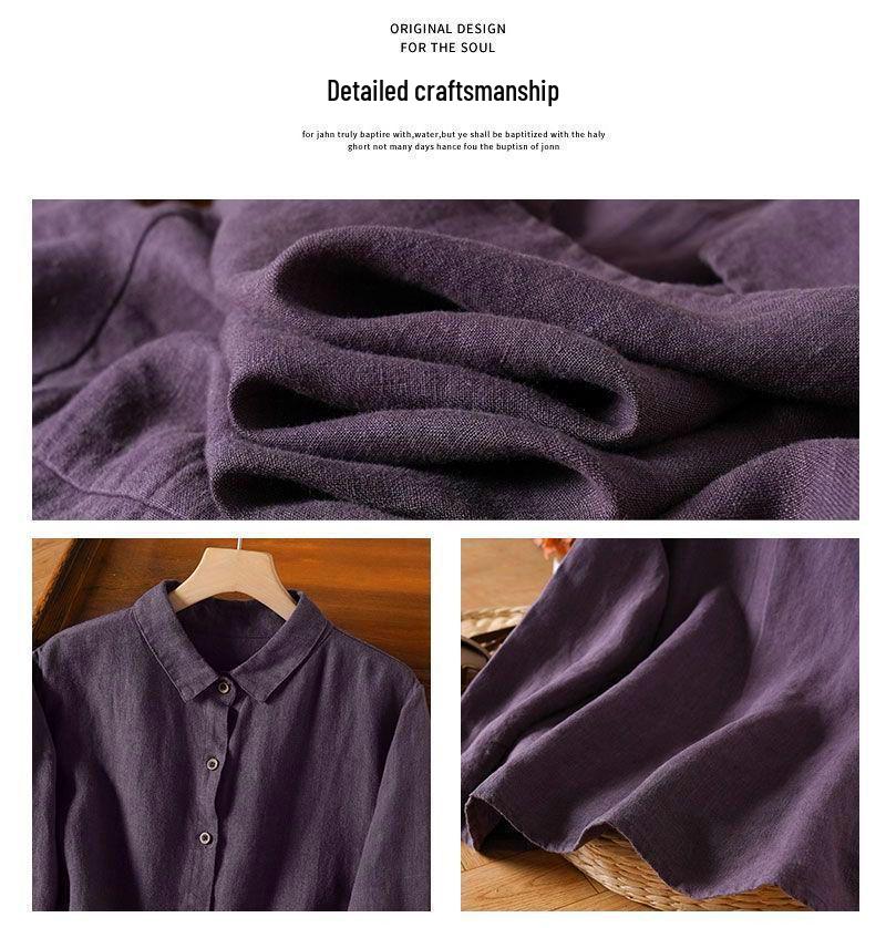 Dámská tmavě fialová lněná košile s dlouhým rukávem - Raný podzim, Literární retro, Volný střih, High-end, Tenký styl