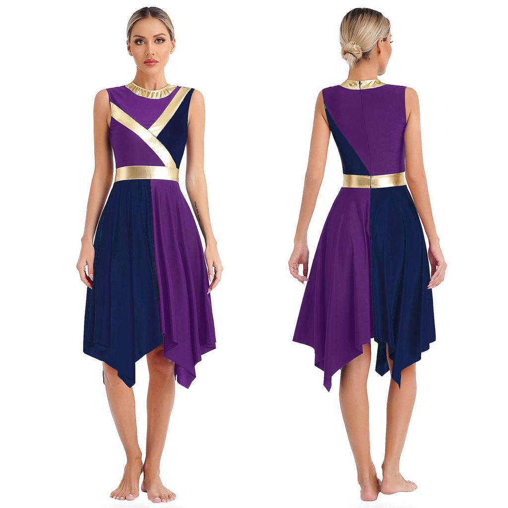 Womens Metallic Color Block Patchwork Liturgical Dance Dress Round Neck Sleeveless Asymmetrical Hem Dresses Dancewear