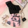 2-teiliges Mädchen-Kleidungsset Off-Shoulder-Oberteil + Blumen-Shorts mit Schleife Sommerliches Design Anzug Für Mädchen 3-10 Jahre