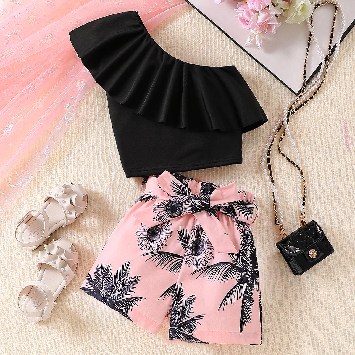 Conjunto de Ropa para Niña de 2 Piezas Top Hombros Descubiertos + Pantalones Cortos de Flores con Lazo Sentido de Diseño de Verano Traje para Niña de 3 a 10 Años 100(3-4Y) negro