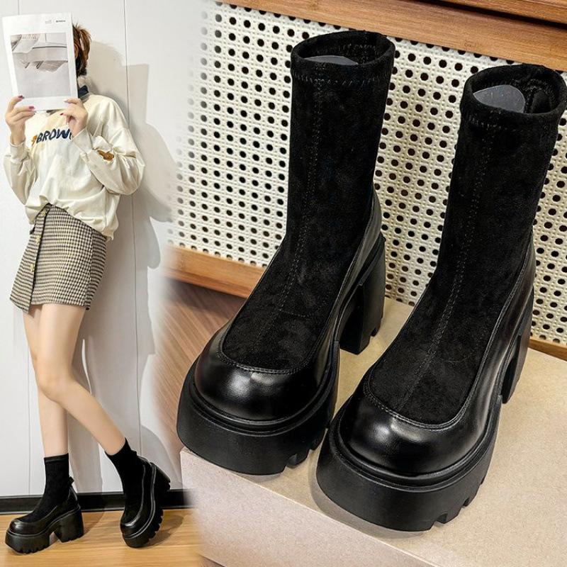 Thick-soled Medium Leather Boots Women's Autumn and Winter 2025 New Muffin Shoes Popular Fashion Short Boots Women's Thin Elastic Boots