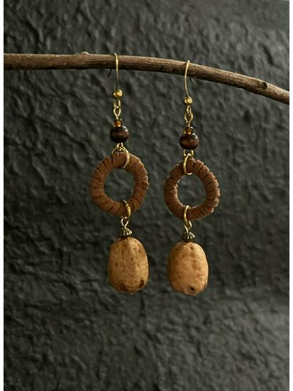 Tibetan-Style Wooden Leather Choker Necklace with Retro Earrings