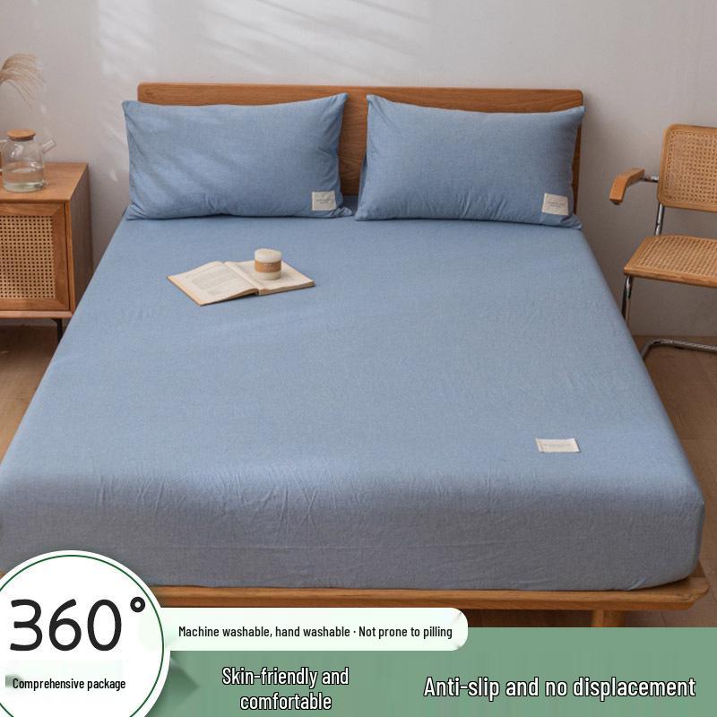 Muji-Style Washed Cotton Fitted Sheet Set - Non-Slip, Single Piece, Mattress Protector