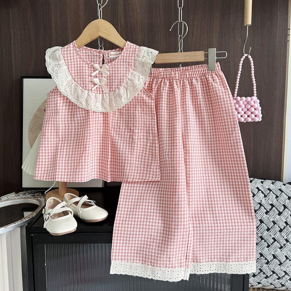 Girls Summer Pink Plaid Bow Lace Trim Vest And Long Pants Two Piece Set 100cm